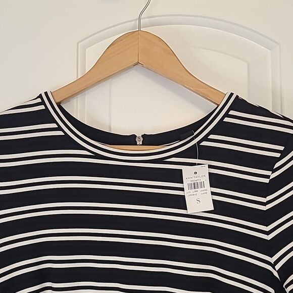 Ann Taylor Black White Striped Midi Length Dress Size S Career Office 3/4 Sleeve - Picture 5 of 13